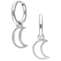 Deux créoles argentées avec pendentifs lune sur fond blanc