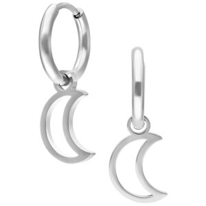 Deux créoles argentées avec pendentifs lune sur fond blanc