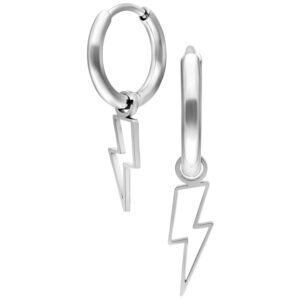 Deux mini-créoles en acier inoxydable argenté avec pendentifs éclair, sur fond blanc