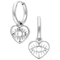 Deux créoles argentées avec pendentif en forme de cœur et design d'œil