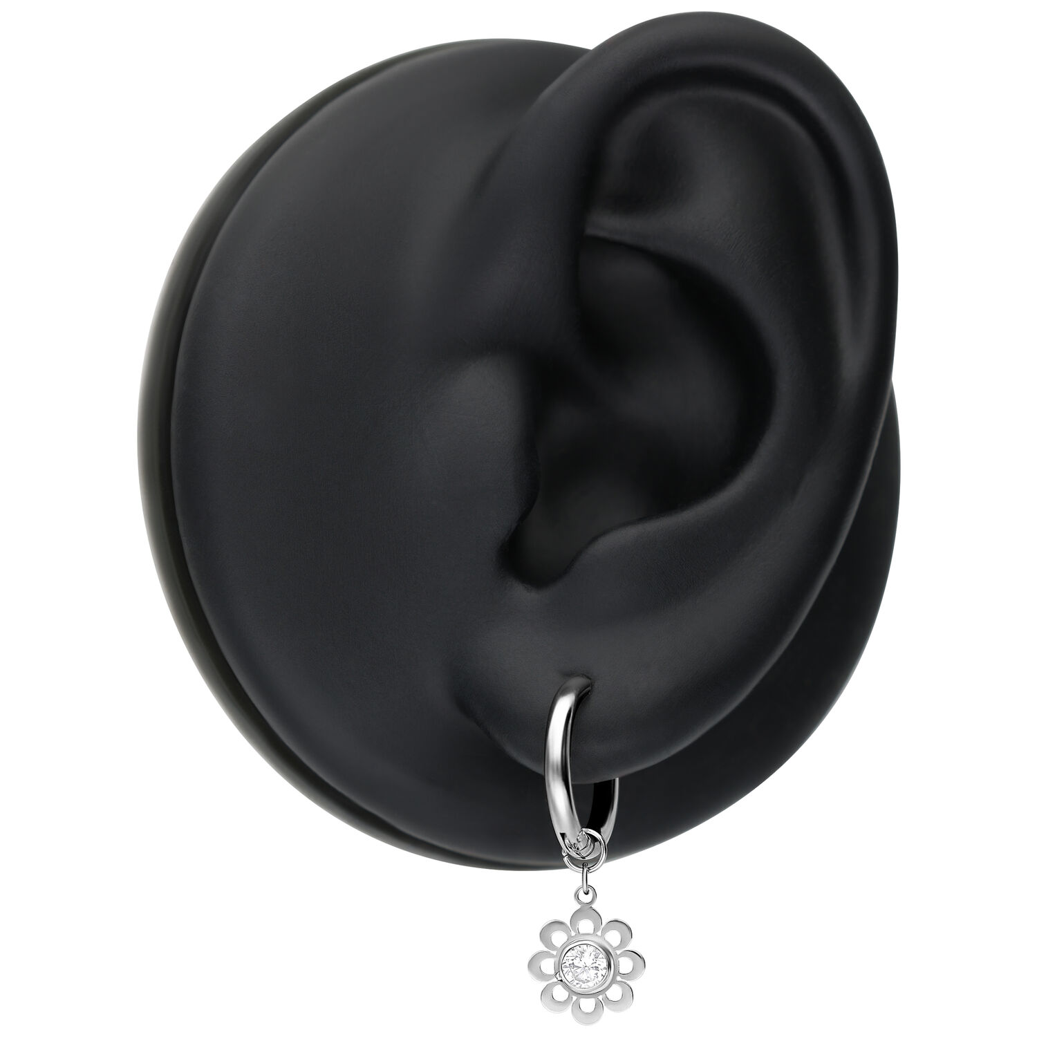 Mini créoles à fleurs en cristal en argent Mini créoles argentées avec pendentif fleur en cristal sur un modèle d'oreille noire