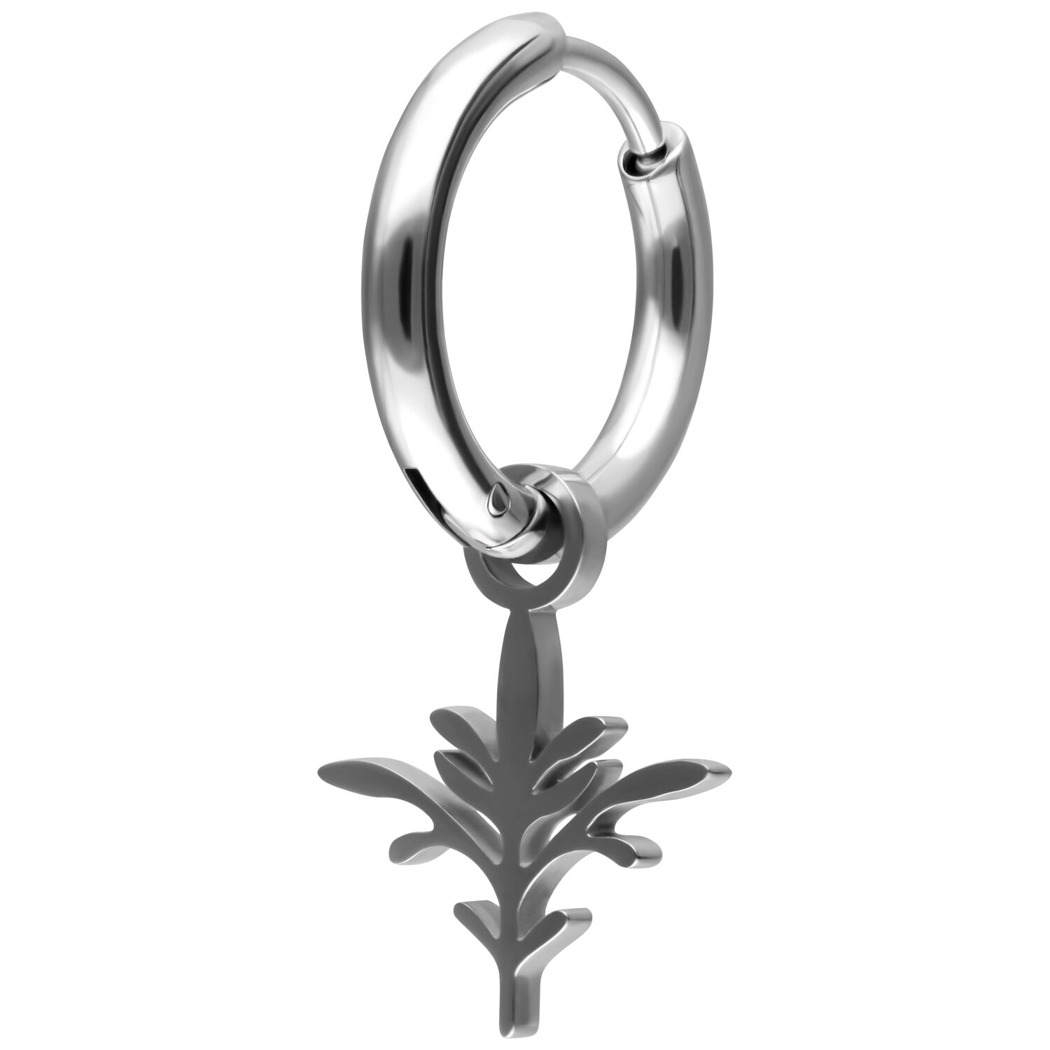 Créoles argentées avec pendentif branche Créole argentée avec pendentif branche sur fond blanc