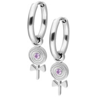 Créoles Mini Lollipop argentées Deux créoles argentées avec pendentif en pierre violette sur fond blanc
