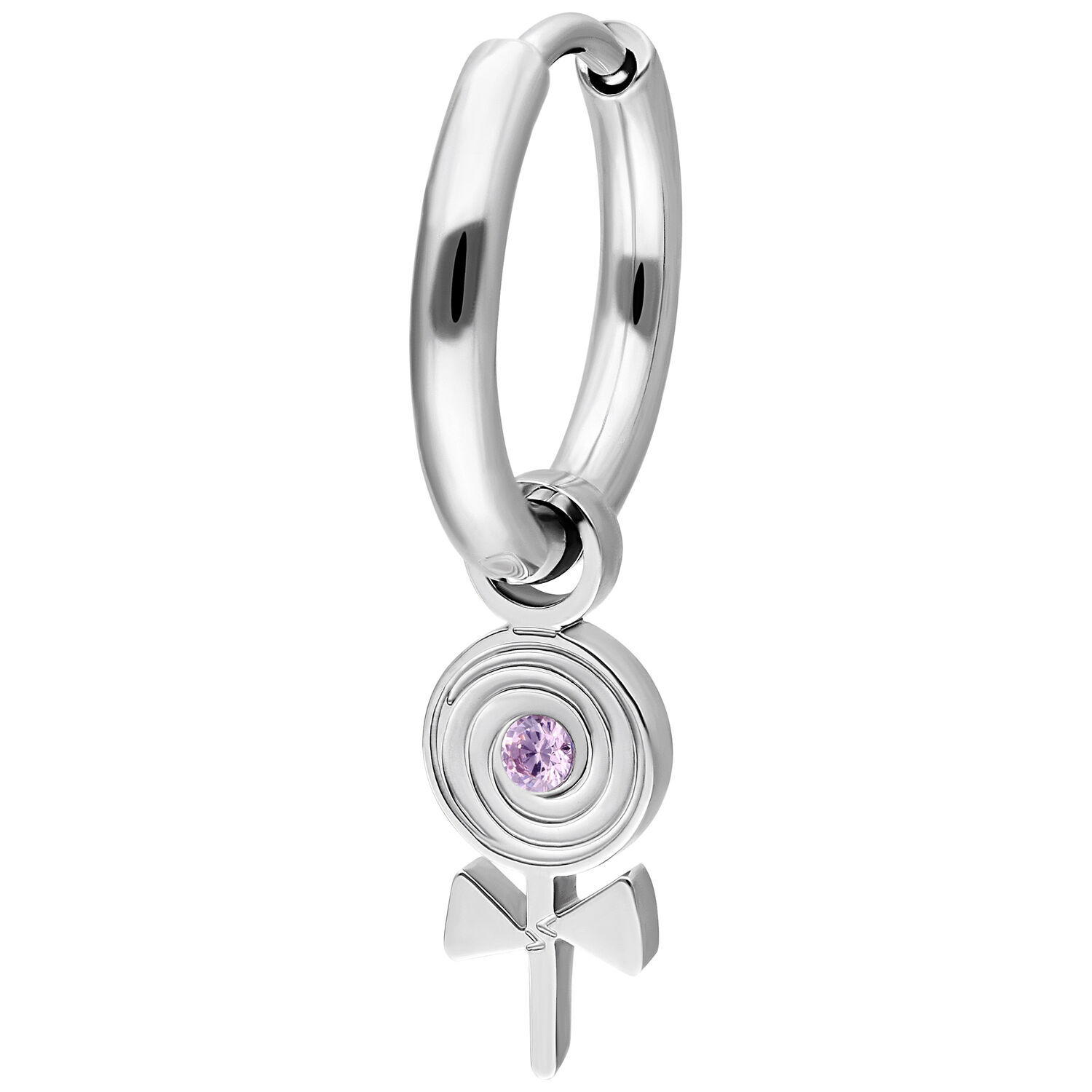 Boucle d'oreille argentée avec pierre violette Boucle d'oreille créole argentée avec pierre violette et pendentif symbole de Vénus