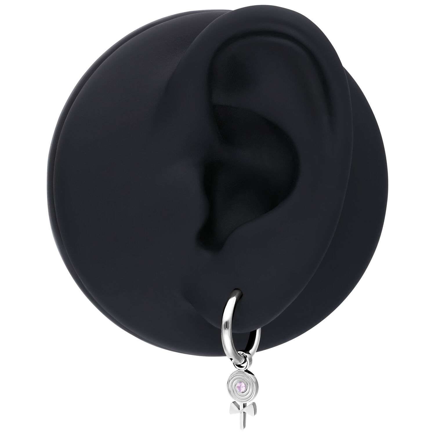 Créoles Mini Lollipop argentées Boucle d'oreille argentée avec pendentif sur un présentoir noir