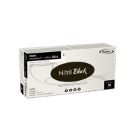 Gants noirs MaiMed Nitril dans un emballage avec indication de taille M sur fond blanc