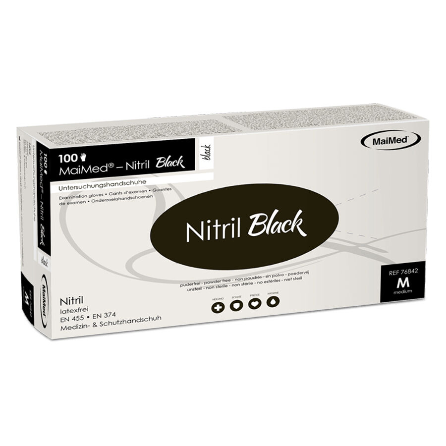 Emballage de gants noirs MaiMed Nitril Black sur fond blanc