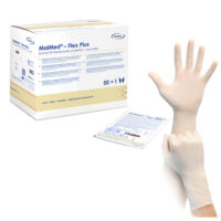 MaiMed gants en latex sans poudre, blanc Gants en latex blancs sans poudre de la marque MaiMed à côté de l'emballage