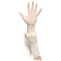 Gants en latex blancs sans poudre, taille 7 Deux gants en latex blancs sans poudre, une paire de mains, fond neutre