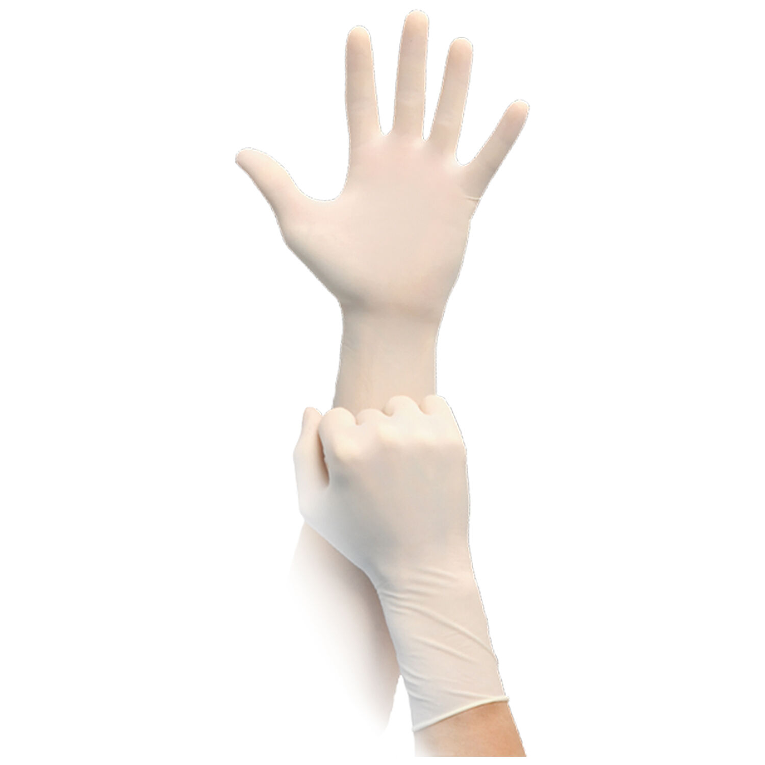 Gants en latex blancs sans poudre, taille 7 Deux gants en latex blancs sans poudre, une paire de mains, fond neutre