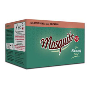 Boîte verte d'aiguilles Mosquito en acier chirurgical 316L sur fond blanc