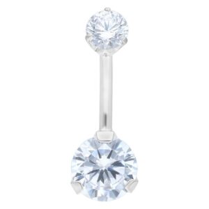 Piercing banane en argent avec deux cristaux clairs sur fond blanc