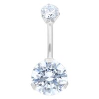 Banane en argent avec cristaux clairs, 8mm Piercing nombril en argent avec deux cristaux clairs sur fond blanc