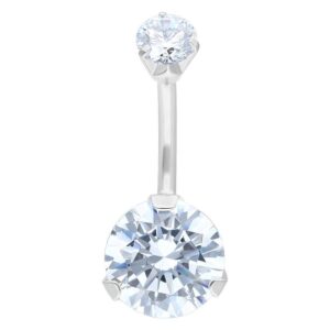 Piercing nombril en argent avec deux cristaux clairs sur fond blanc