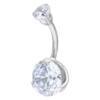 Piercing de nombril argenté avec cristaux clairs Bananabell argenté avec deux cristaux clairs sur fond blanc