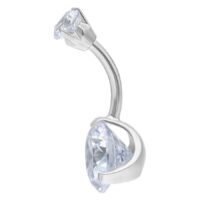 Piercing de nombril argenté avec pierres cristallines Piercing Bananabell argenté avec grands cristaux clairs sur fond blanc