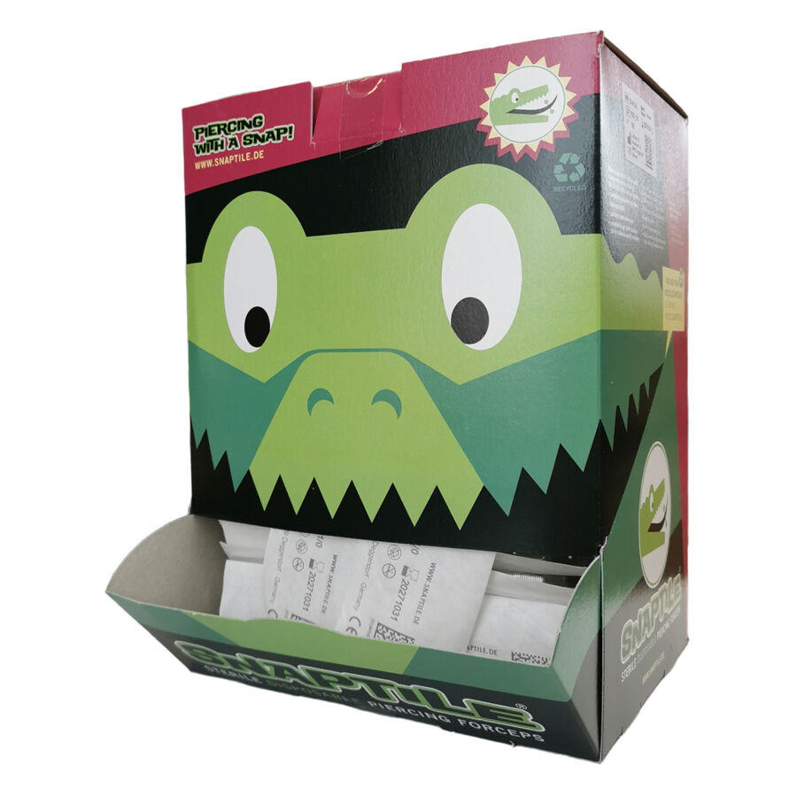 Pince à épiler stérile jetable en boîte Emballage vert avec motif de crocodile, rempli de pinces à épiler stériles jetables