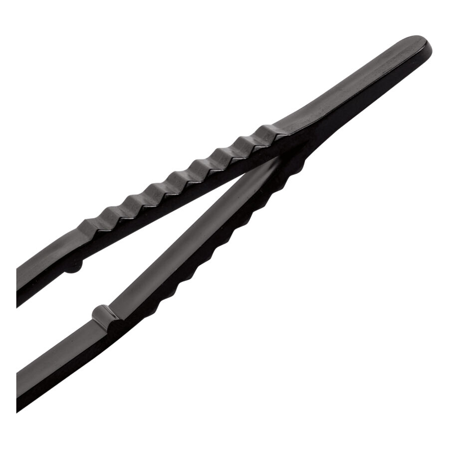 Pince à épiler jetable stérile noire Pince à épiler jetable stérile noire avec manche cranté sur fond blanc
