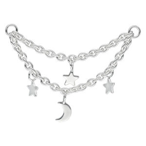 Chaîne de piercing argentée à deux rangs avec lune et étoiles sur fond blanc