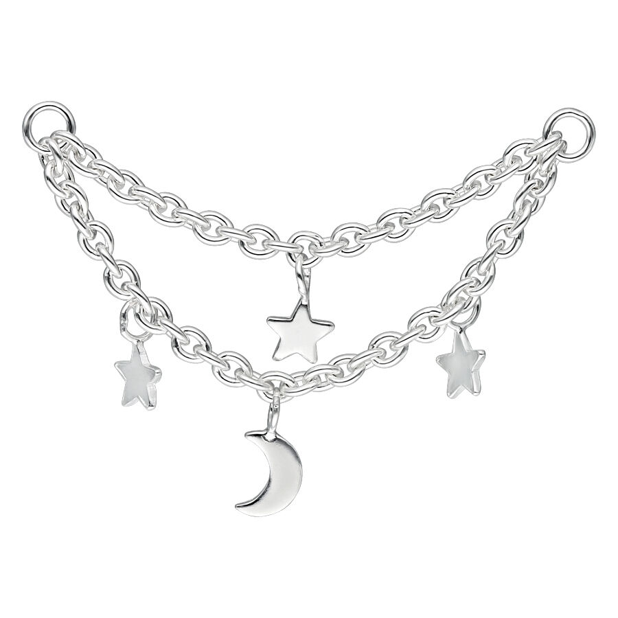 Chaîne de piercing Moon & Stars argentée Chaîne de piercing argentée à deux rangs avec lune et étoiles sur fond blanc