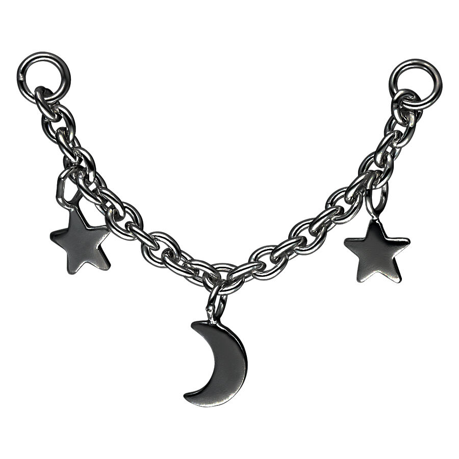 Chaîne de piercing noire avec lune et étoiles sur fond blanc