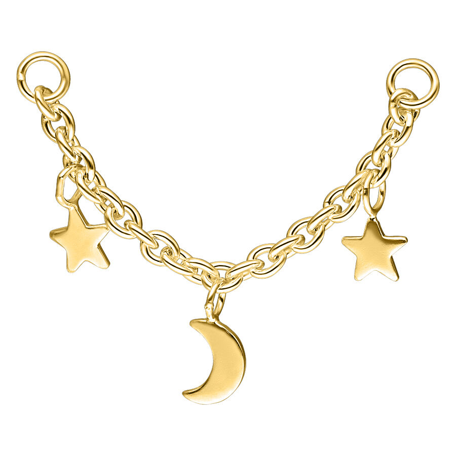 Chaîne de piercing dorée avec lune et étoiles sur fond blanc