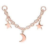 Chaîne de piercing en or rose avec lune et étoiles sur fond blanc