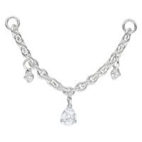 Chaîne de piercing argentée avec trois gouttes de cristal claires sur fond blanc
