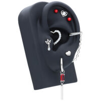 Chaîne de piercing argentée sur support noir Chaîne de piercing argentée et bijoux sur support d'oreille noir, pierres rouges