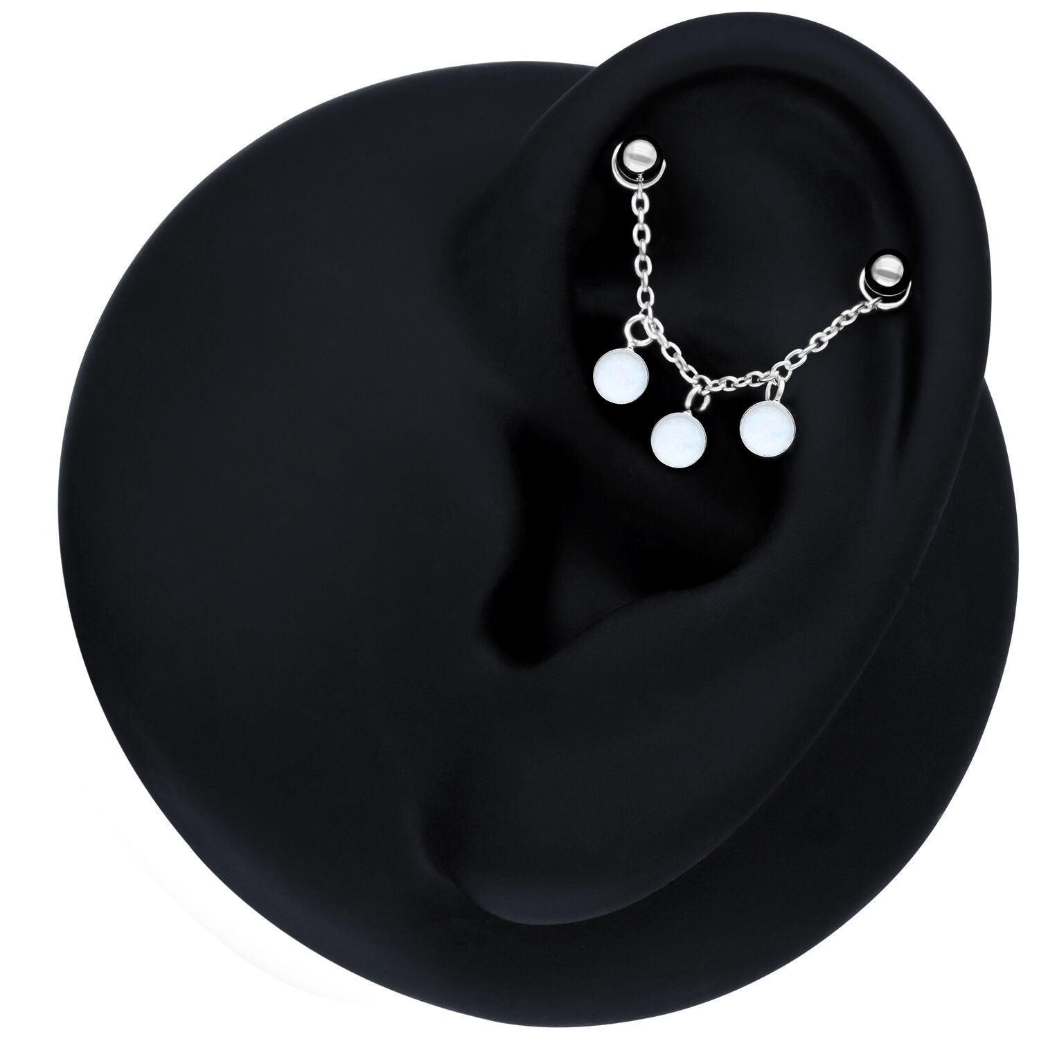Chaîne en opale noire pour piercings, 20 mm Chaîne de piercing noire avec opale synthétique à l'oreille sur fond noir