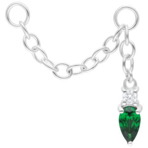 Chaîne de piercing argentée avec cristal vert émeraude, longueur 20 mm