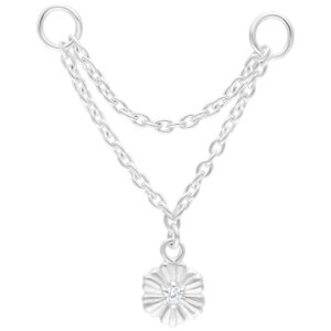 Chaîne de piercing hibiscus argentée avec deux chaînes et une fleur sur fond blanc