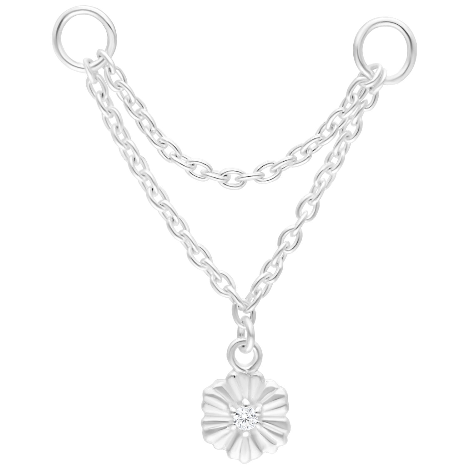 Chaîne de piercing hibiscus argentée 20mm Chaîne de piercing hibiscus argentée avec deux chaînes et une fleur sur fond blanc