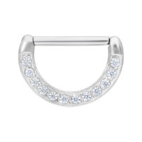Clicker de mamelon argenté avec cristaux clairs Clicker de mamelon argenté avec pierres cristallines sur fond blanc