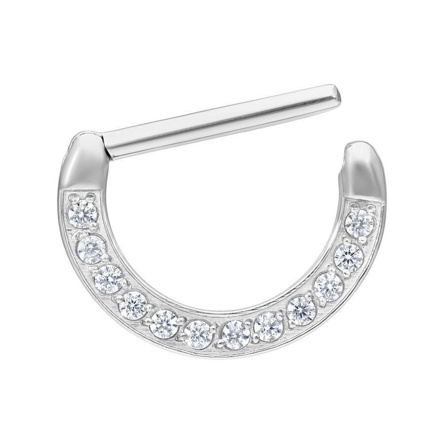 Clicker de téton argenté avec cristaux, 12mm Clicker de téton argenté avec pierres cristallines sur fond blanc
