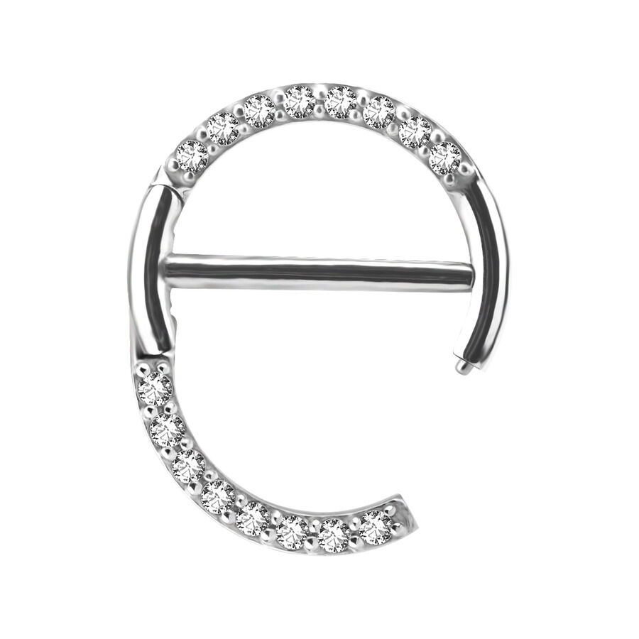 Clicker pour mamelon argenté avec cristaux, 12mm de longueur, sur fond blanc