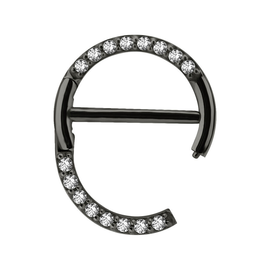 Clicker pour téton noir avec cristaux pavé clairs sur fond blanc