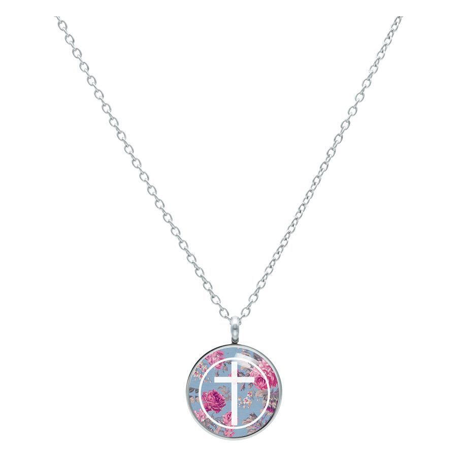 Pendentif Collier Cross Roses Bleu Argenté Collier argenté avec pendentif rond, fond bleu et motif de roses roses