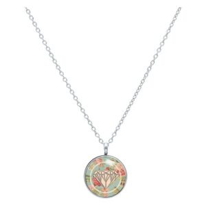 Collier argenté avec pendentif rond, base couleur menthe avec motif de roses et diamants