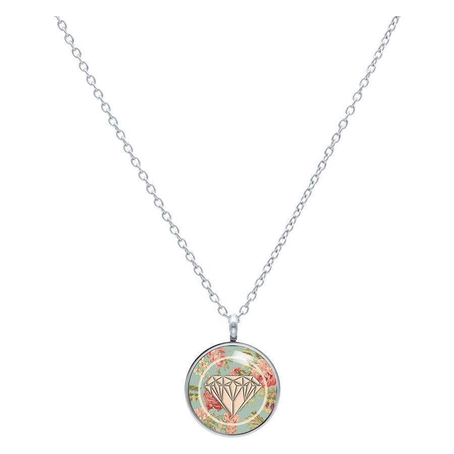 Diamond Roses Mint collier en acier chirurgical Collier argenté avec pendentif rond, base couleur menthe avec motif de roses et diamants