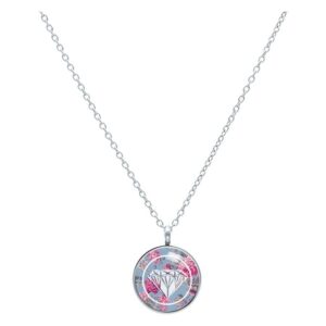 Collier en argent avec pendentif rond, orné d'un motif floral bleu et rose sur fond blanc