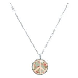 Collier argenté avec pendentif Peace motif rose sur fond blanc