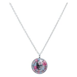 Collier avec pendentif rond, motif de crâne et roses sur fond bleu