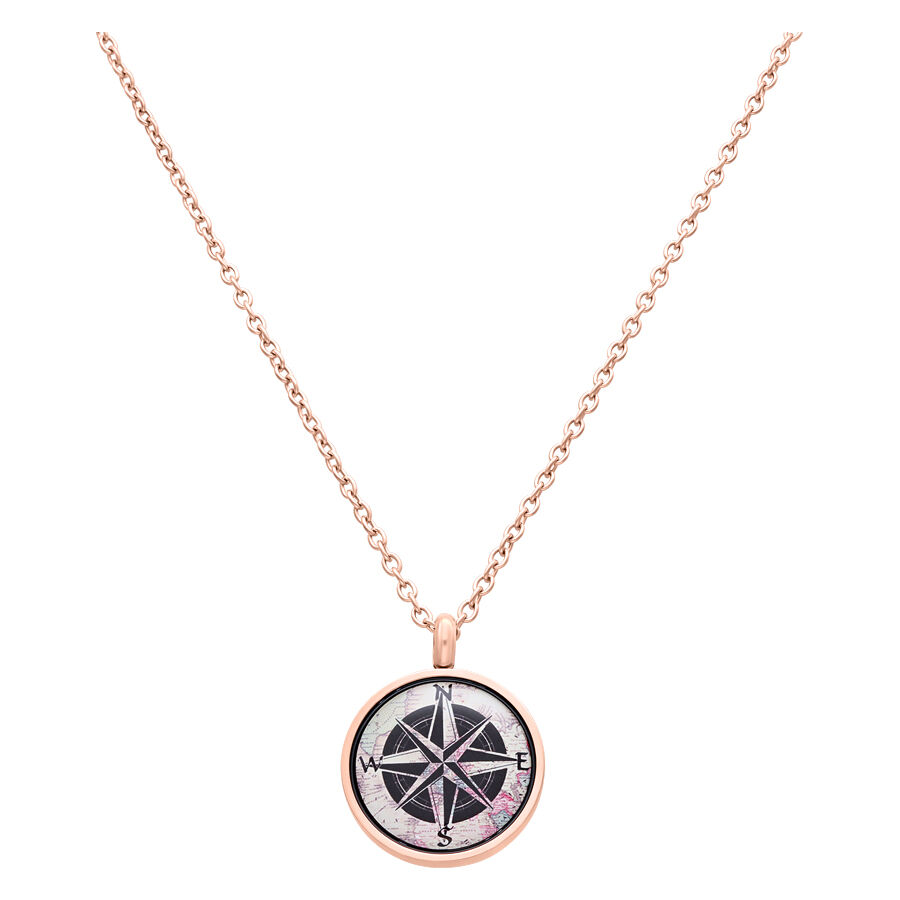 Collier Carte Boussole en Acier Rosé Collier rosé avec pendentif boussole sur fond blanc