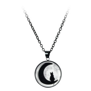 Collier noir avec pendentif d'un chat sur un croissant de lune, sur fond blanc