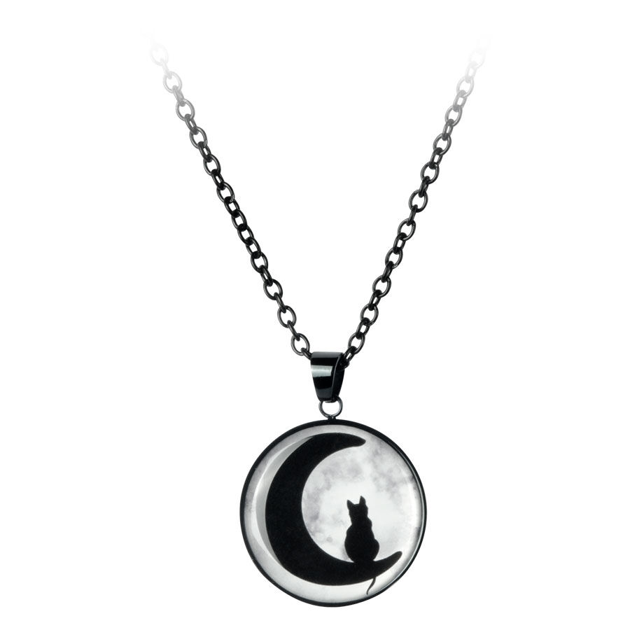 Collier Chat de Lune Noir en Acier Chirurgical Collier noir avec pendentif d'un chat sur un croissant de lune, sur fond blanc