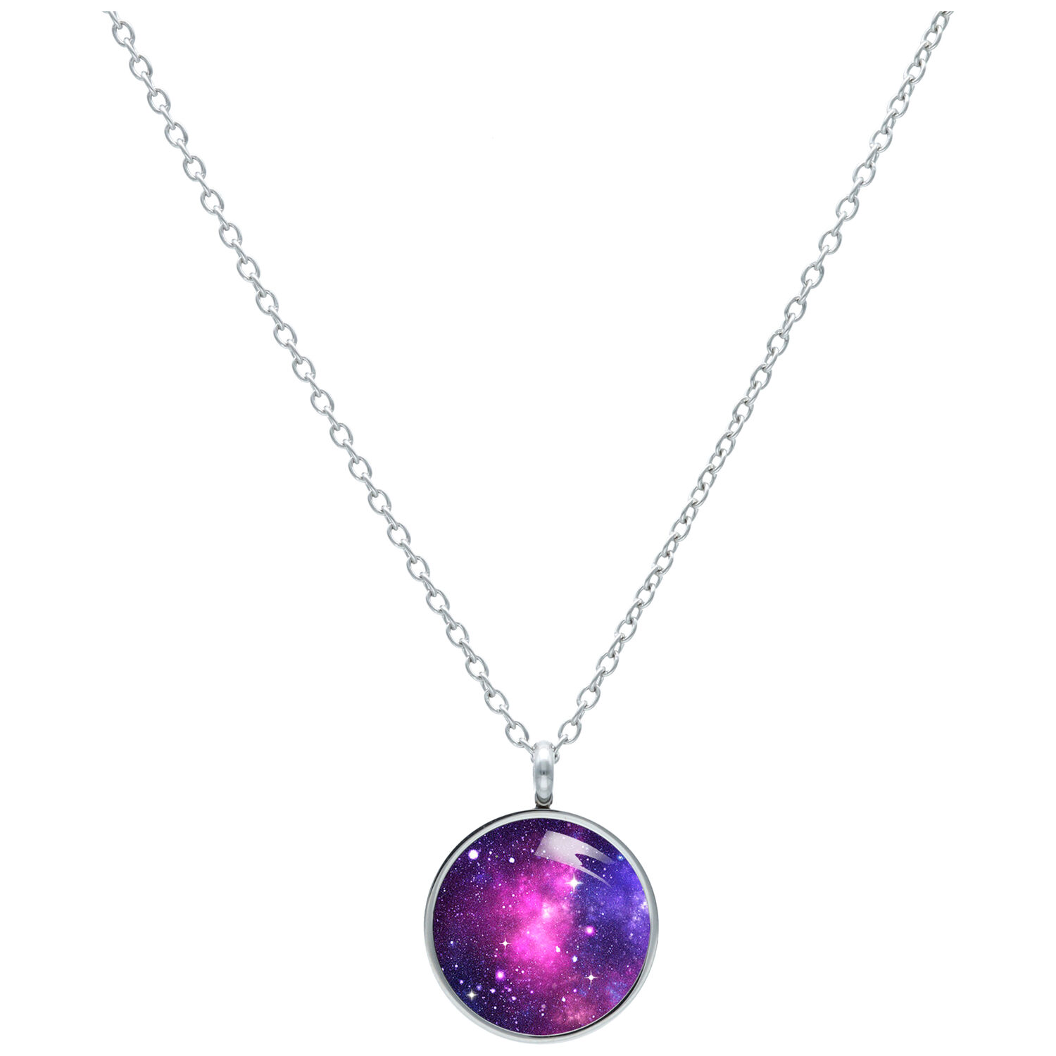 Collier Galaxy Rose en acier chirurgical 60cm Chaîne argentée avec pendentif rond Galaxy rose-violet sur fond blanc