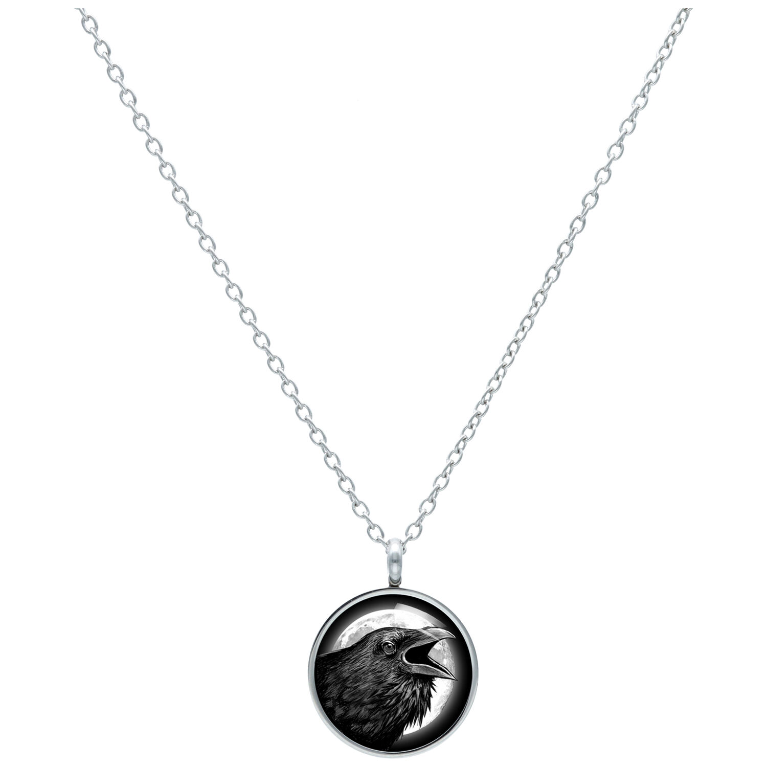 Raven collier en acier chirurgical 60 cm Collier argenté avec pendentif rond et motif de corbeau sur fond blanc