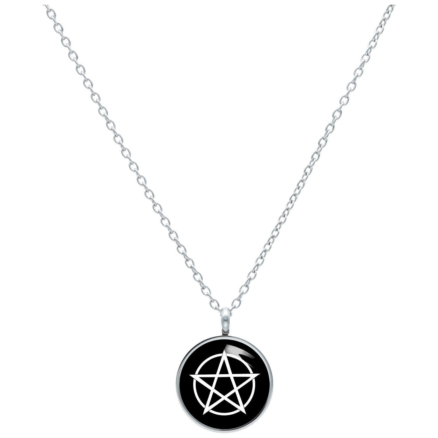 Collier Pentagramme en acier chirurgical 60 cm Collier argenté avec pendentif pentagramme noir sur fond blanc