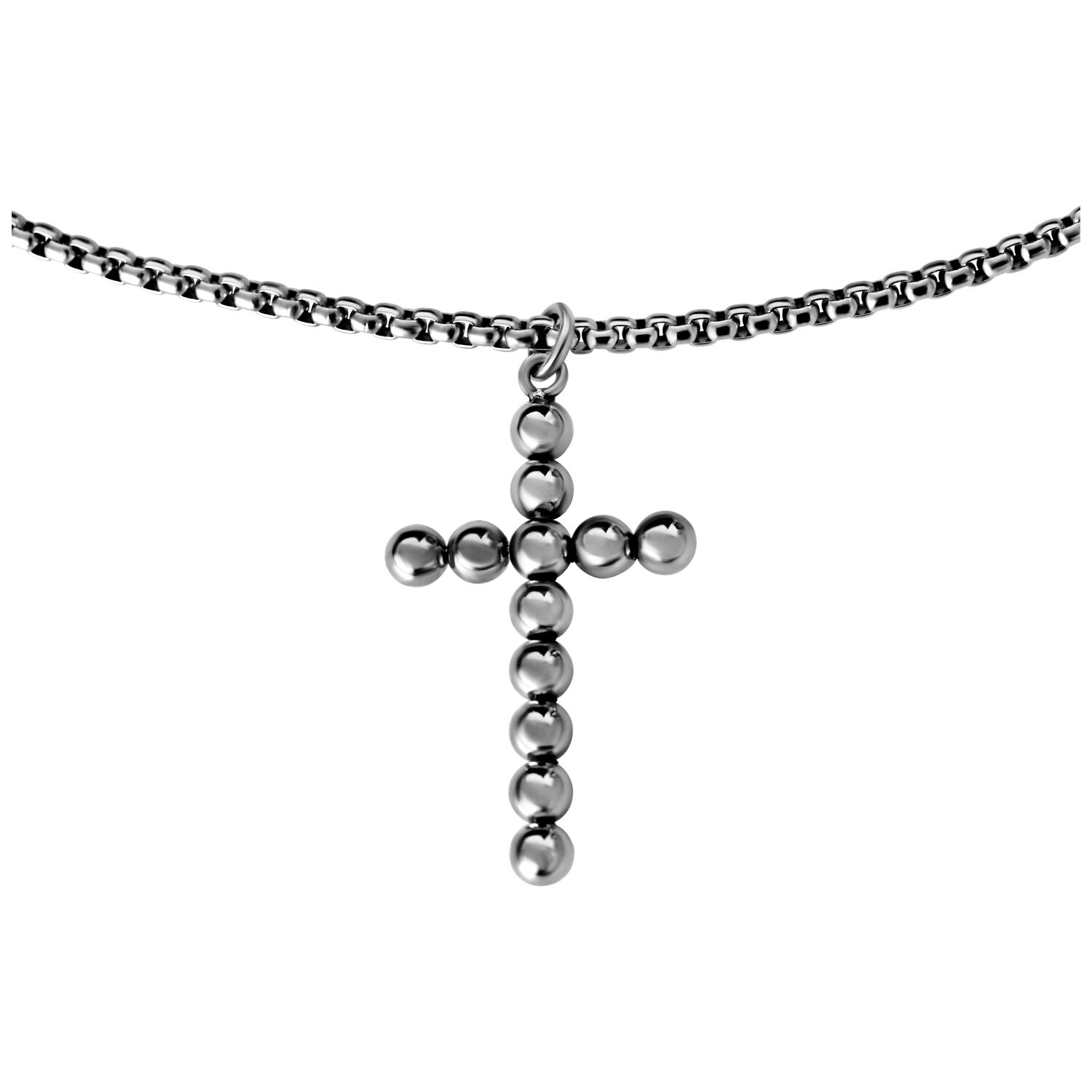Collier croix noir et argent en acier chirurgical sur fond blanc